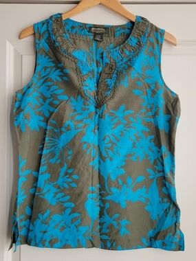 Eddie Bauer Olive Sleeveless Camisole with Bright Blue Floral Print